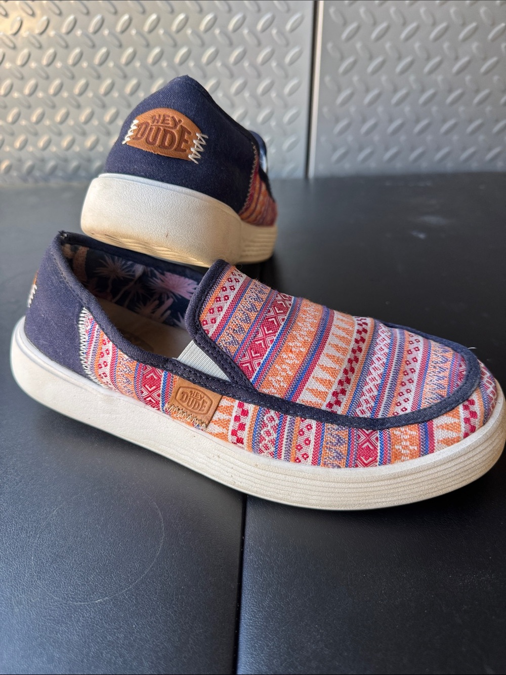 Hey Dude Slip-On Sneakers in Navy with Orange, Pink, Blue Pattern